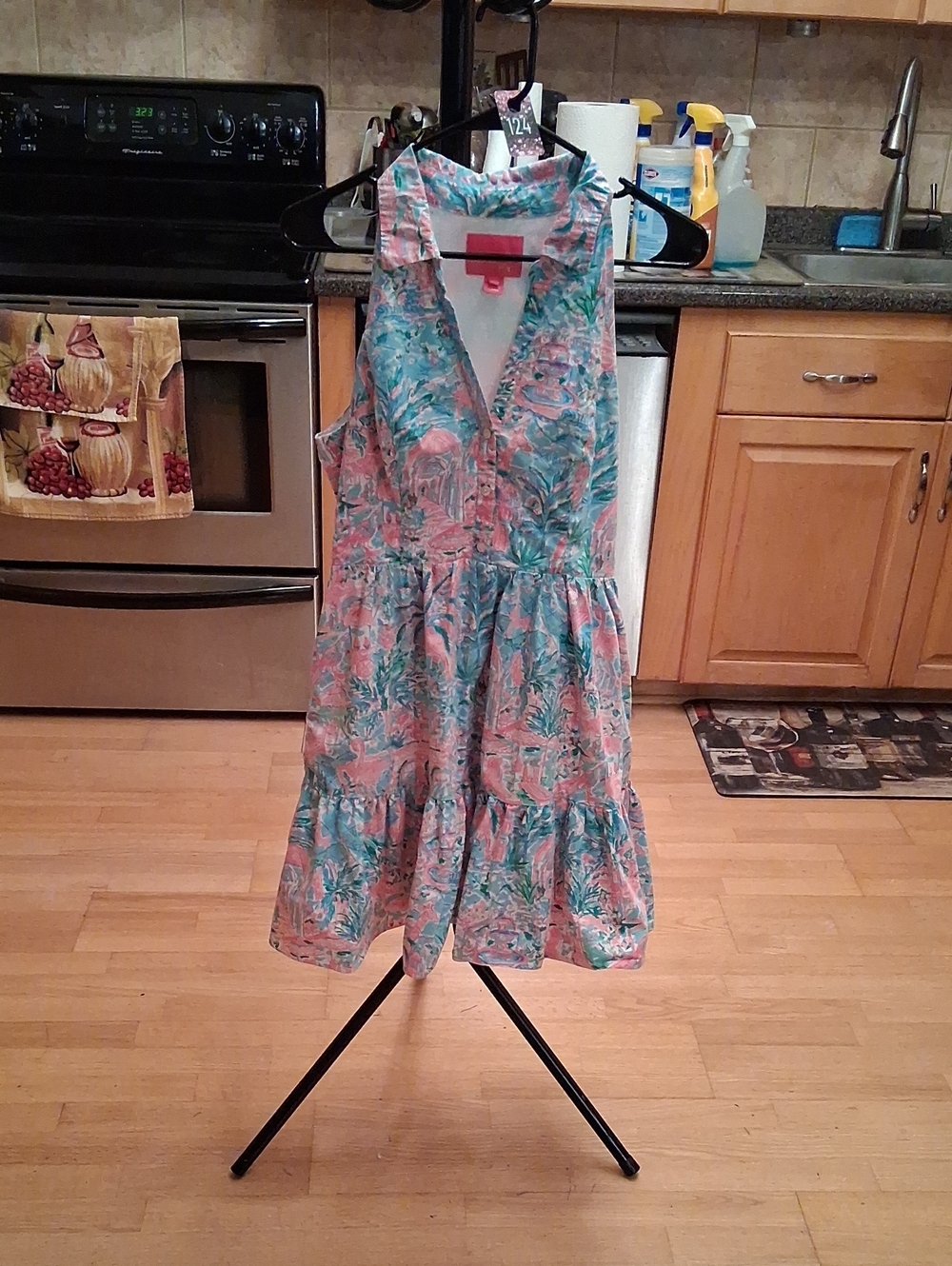 Lilly Pulitzer Coral and Aqua Tropical Sleeveless V-Neck Tiered Mini Dress